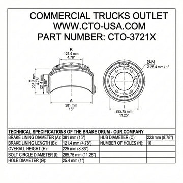 CTO-3721X BRAKE DRUM (FRONT, 15.00" X 4")