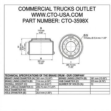 CTO-3598X BRAKE DRUM (FRONT, 16.50" X 5")