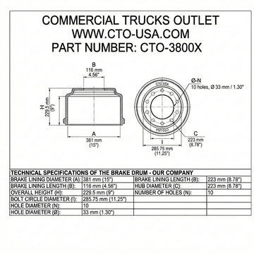CTO-3800X BRAKE DRUM (FRONT, 15.00" X 4")